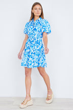 Yumi Blue Floral Print Viscose Relaxed Shirt Dress