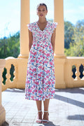 Yumi White Viscose Floral Ruched Waist Midi Dress