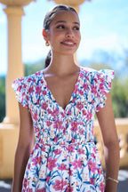 Yumi White Viscose Floral Ruched Waist Midi Dress