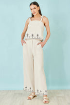 Yumi Ivory Linen Mix Embroirdered Trousers