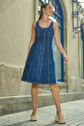Yumi Blue Stretch Denim Panel Fitted Dress