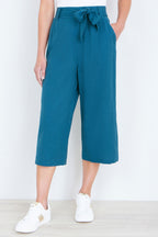 Yumi Teal Linen Mix Cropped Trousers With Tie Belt