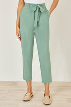 Yumi Green Stretch Capri Pants With Tie Belt