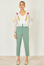 Yumi Green Stretch Capri Pants With Tie Belt