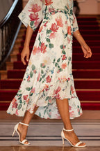 Yumi Ivory Floral Print Wrap Midi Dress With Dipped Hem