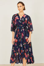 Yumi Navy Floral Kimono Wrap Dress With Dip Hem