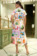 Yumi Ivory Tropical Postcard Print Relaxed Midi Shirt Dress