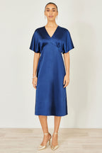 Yumi Navy Satin Midi Kimono Dress