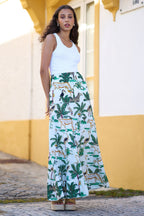 Yumi White Animal Print Cotton Tiered Maxi Skirt