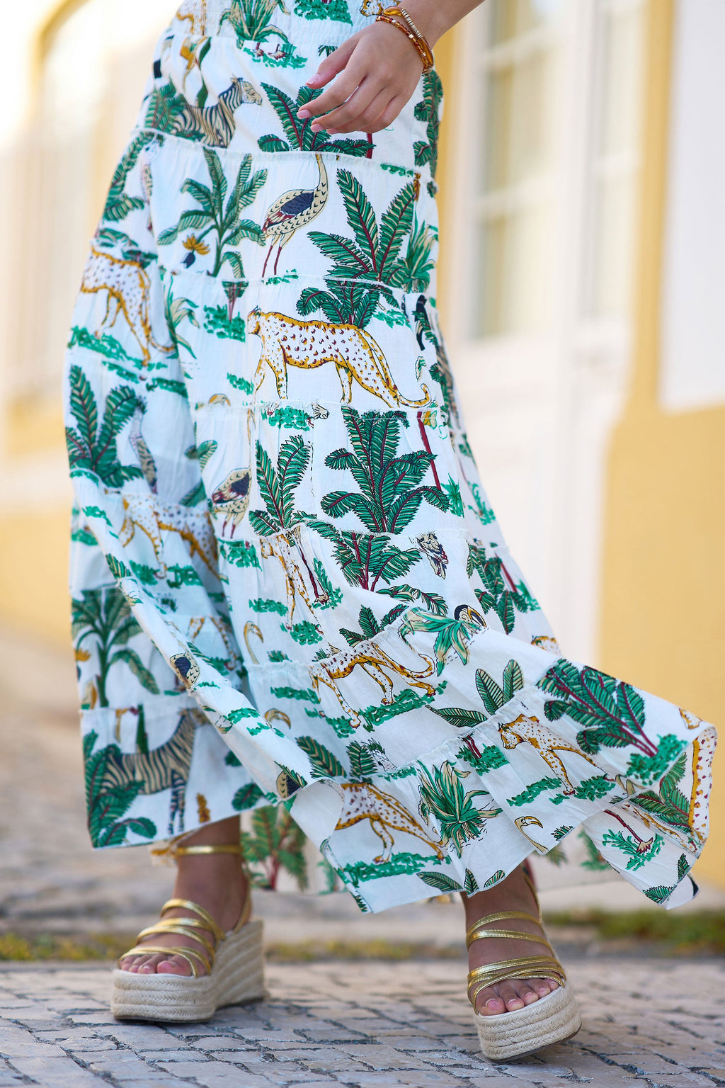 Yumi White Animal Print Cotton Tiered Maxi Skirt