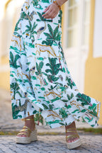 Yumi White Animal Print Cotton Tiered Maxi Skirt