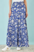 Yumi Blue Floral Cotton Tiered Maxi Skirt