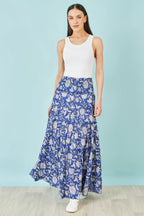 Yumi Blue Floral Cotton Tiered Maxi Skirt