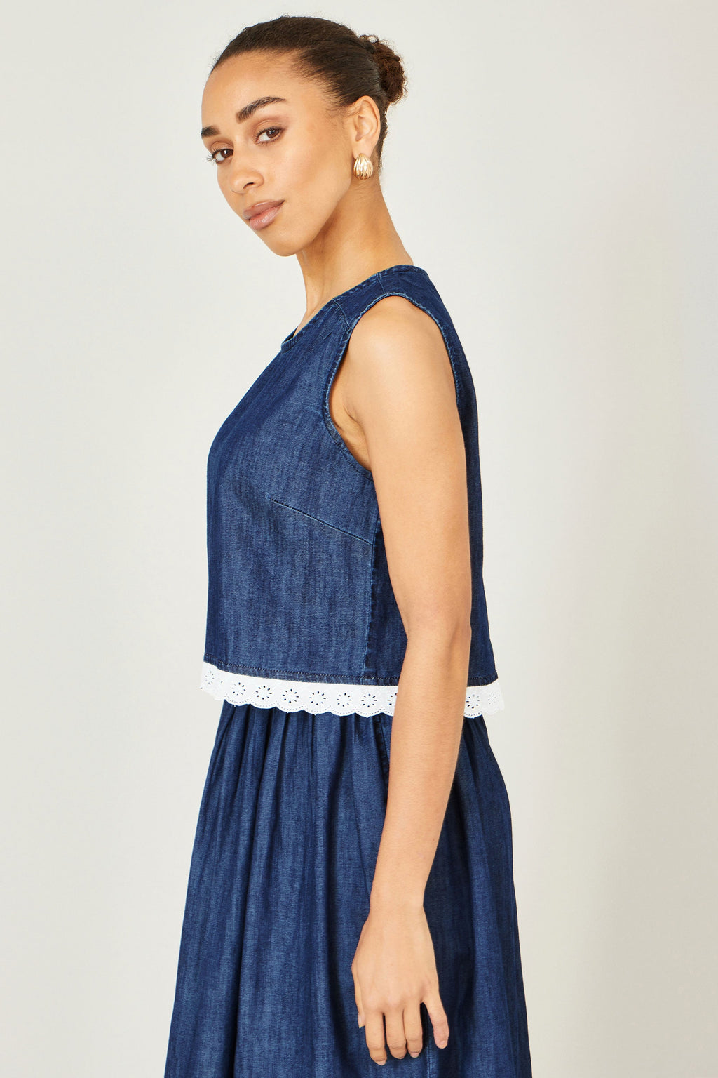 Yumi Blue Cotton Chambray Top With Lace Trims