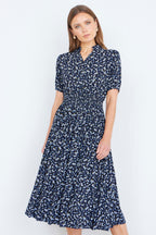 Yumi Navy Ditsy Floral Midi Shirt Dress With Ruched Waist