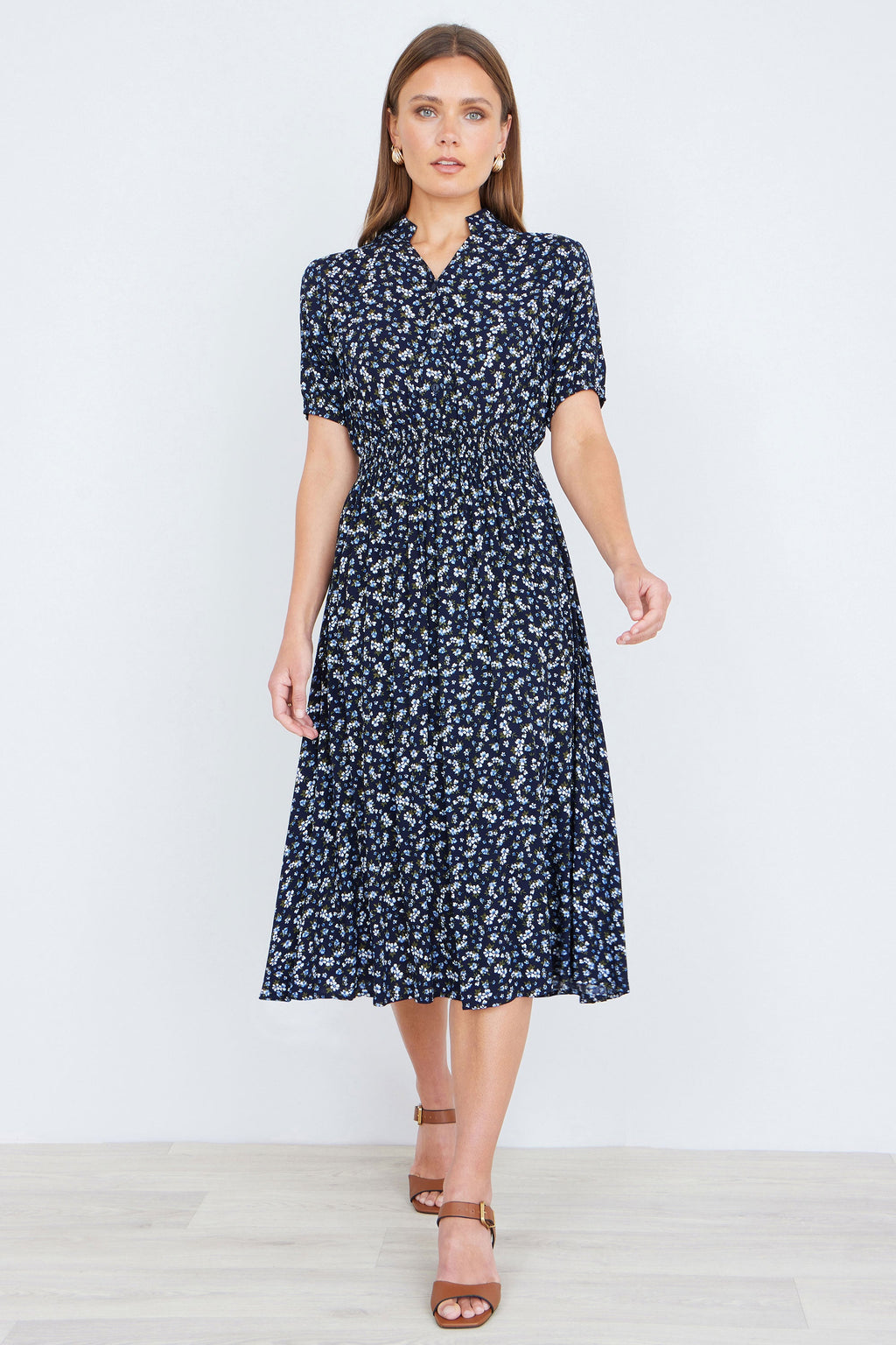 Yumi Navy Ditsy Floral Midi Shirt Dress With Ruched Waist