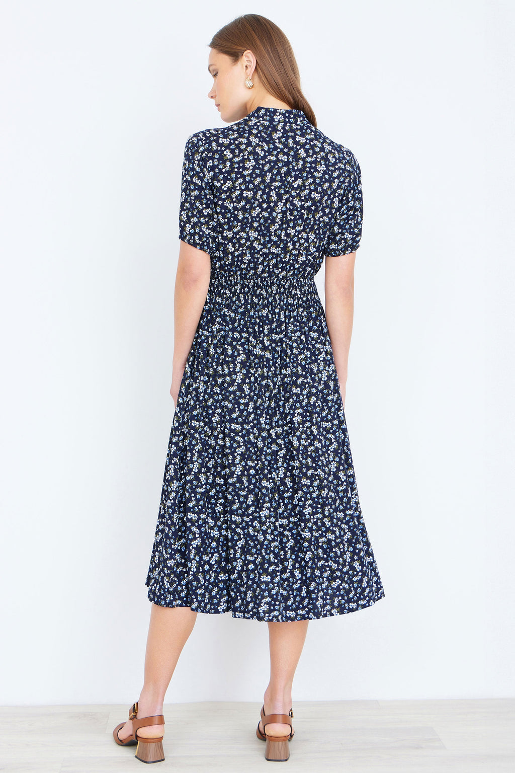 Yumi Navy Ditsy Floral Midi Shirt Dress With Ruched Waist