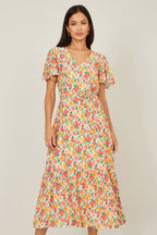 Yumi Multicolour Midi Tea Dress With Angel Sleeves