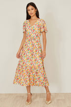 Yumi Multicolour Midi Tea Dress With Angel Sleeves