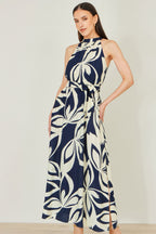 Yumi Navy Geo Swirl Print Halter Maxi Dress