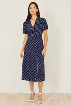 Yumi Navy Spot Wrap Midi Tea Dress