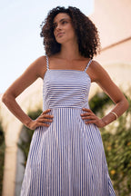 Yumi Blue Stripe Cotton Sun Dress With Ruched Back