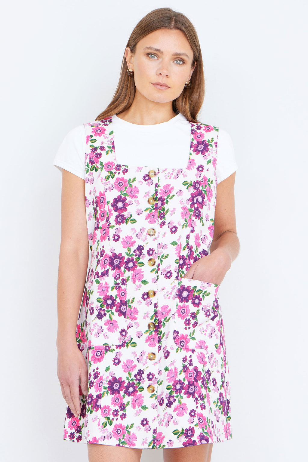 Yumi Pink Retro Floral Cotton Stretch Pinafore Dress