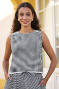 Yumi Black Gingham Cotton Top With Lace Trims