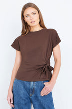 Yumi Brown Cotton Jersey Top With Knot Detail