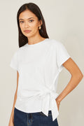 Yumi White Cotton Jersey Top With Knot Detail