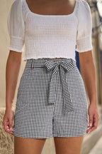 Yumi Black Cotton Gingham Tie Belt Shorts