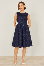 Yumi Navy Sequin Floral Applique Skater Dress