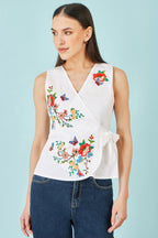 Yumi White Stretch Cotton Embroidered Wrap Top