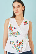 Yumi White Stretch Cotton Embroidered Wrap Top