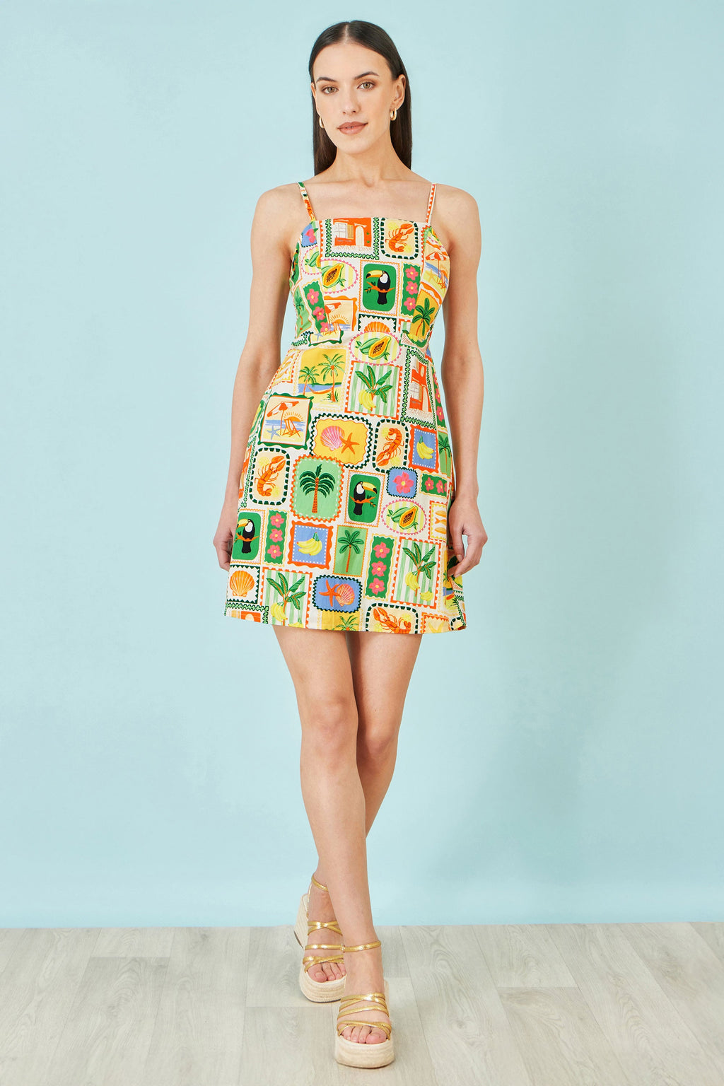 Yumi Multicolour Postcard Print Mini Sun Dress