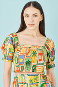 Yumi Multicolour Cropped Shirred Cotton Postcard Print Top