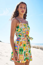 Yumi Multicolour Cotton Postcard Print Playsuit