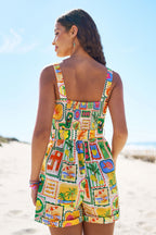 Yumi Multicolour Cotton Postcard Print Playsuit
