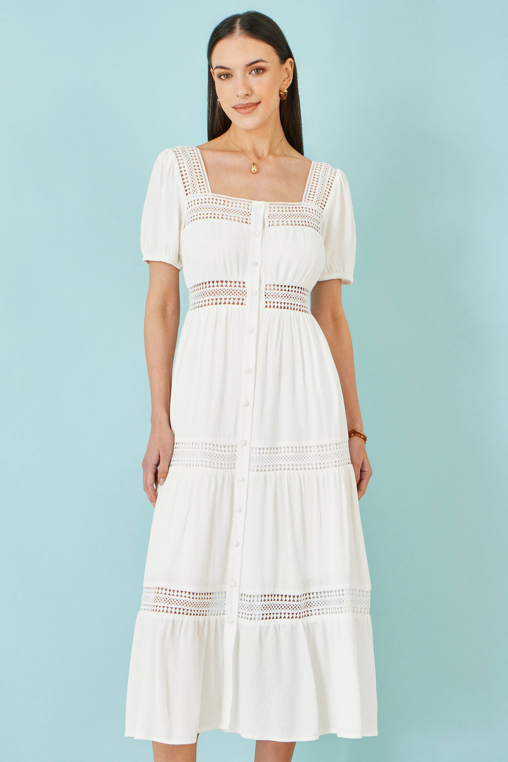 Yumi White Cotton Square Neckline Lace Midi Dress