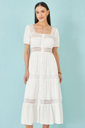 Yumi White Cotton Square Neckline Lace Midi Dress