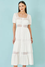 Yumi White Cotton Square Neckline Lace Midi Dress
