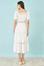 Yumi White Cotton Square Neckline Lace Midi Dress