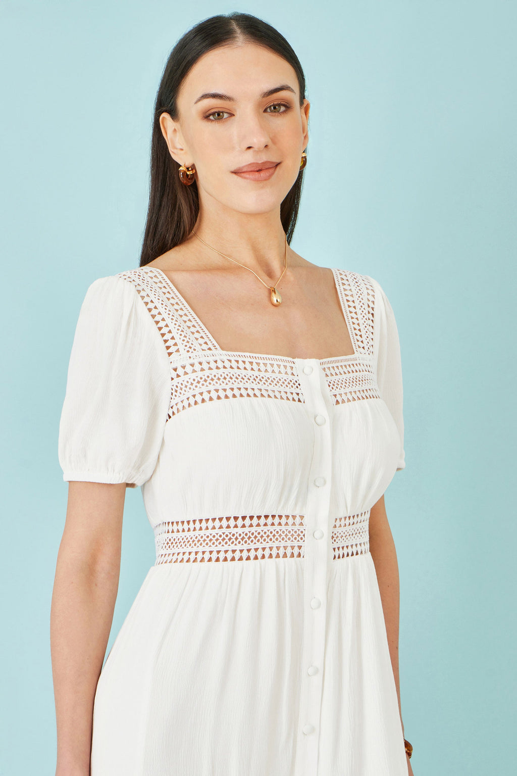 Yumi White Cotton Square Neckline Lace Midi Dress