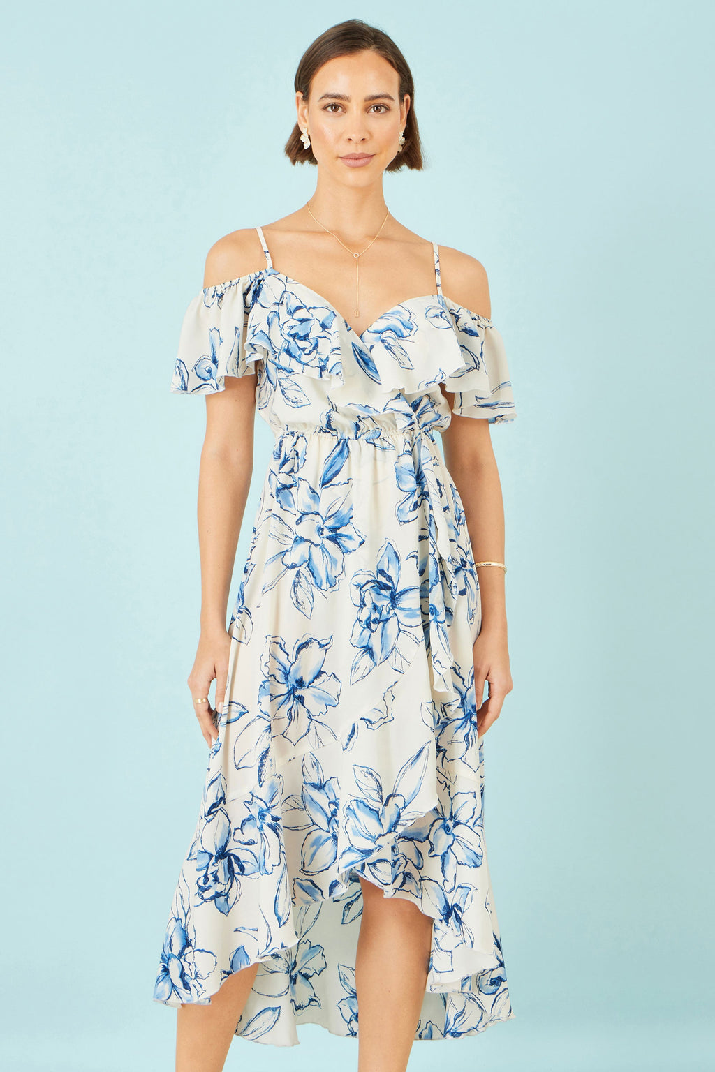 Yumi Ivory Floral Print Bardot Midi Dress With Dip Hem