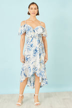 Yumi Ivory Floral Print Bardot Midi Dress With Dip Hem