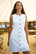Yumi White Viscose Button Detail Shift Dress