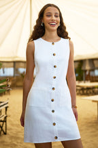 Yumi White Viscose Button Detail Shift Dress