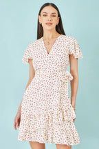 Yumi White Ditsy Print Frill Wrap Dress