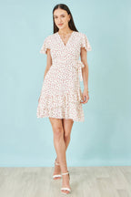 Yumi White Ditsy Print Frill Wrap Dress