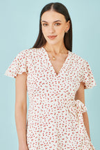 Yumi White Ditsy Print Frill Wrap Dress